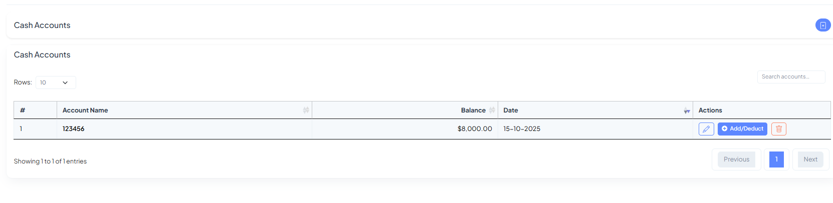 Cash Accounts List & Form