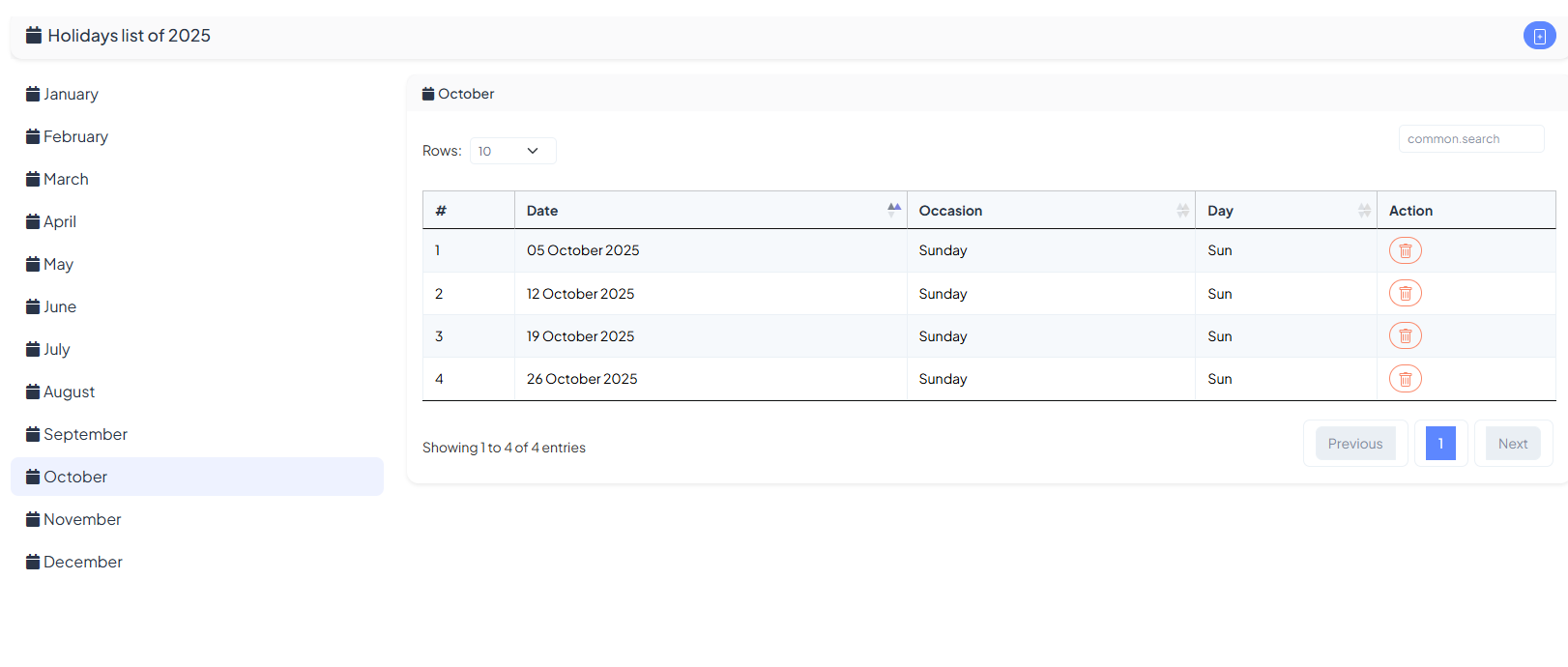 Holiday monthly list