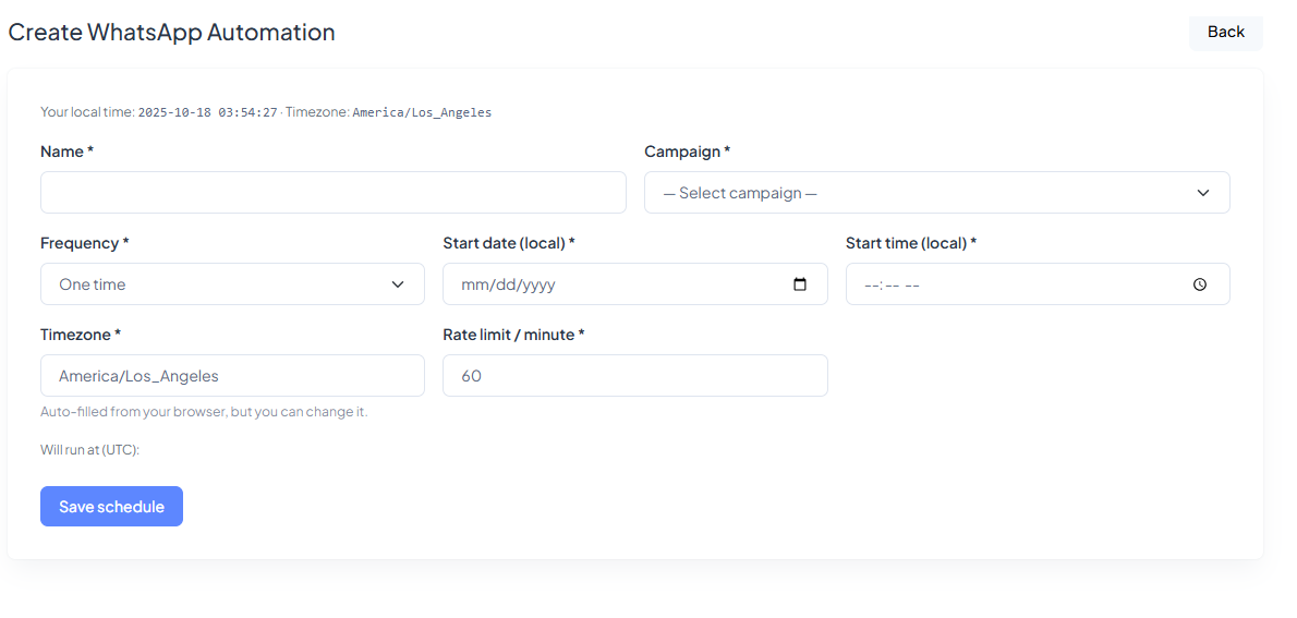 Create WhatsApp Automation Schedule