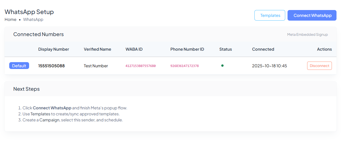 WhatsApp Setup - connected number